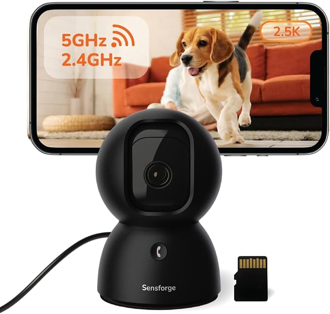 SensForge 2.5K Pan-Tilt Security Camera, 360° Dual-Band WiFi Camera for Home, Free AI Human & Pet Detection, 2-Day Cloud + 64GB SD Storage, Two-Way Talk, Optional AI + Storage Upgrade (1, Black) by SensForge