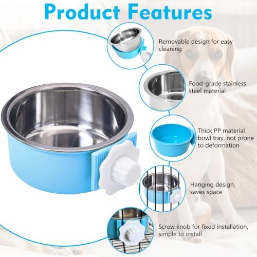 kathson Crate Dog Bowl, Removable Stainless Steel Hanging Pet Cage Bowl Food & Water Feeder Coop Cup for Cat, Puppy, Birds, Rats, Guinea Pigs (6 PCS, Size: L, 2×Blue,2×Green,2×Pink) - Image 6