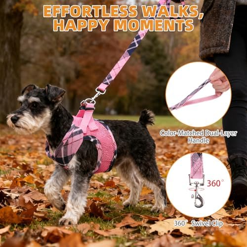 KOOLTAIL Small Dog Harness and Leash Set, Cute Pink Girl Puppy Harness, Step in No Pull Soft Mesh Pet Vest Harness Collar for Small Size Dogs Cats, Plaid Dog Halters for Outdoor Walking, Pink XS - Image 6
