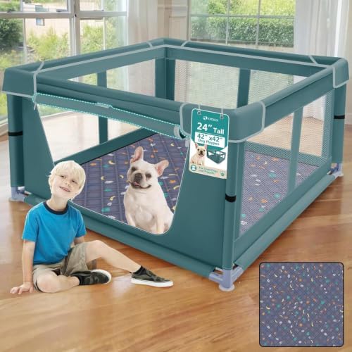 XVISHX 42x42 Inches Puppy Playpen with Dog Pads, Dog Playpen for Puppies or Small Dogs, Pet Playpen for Indoor & Outdoor, Thickened Fabric, High-Strength Nylon Wire Mesh, Bluish Green by XVISHX