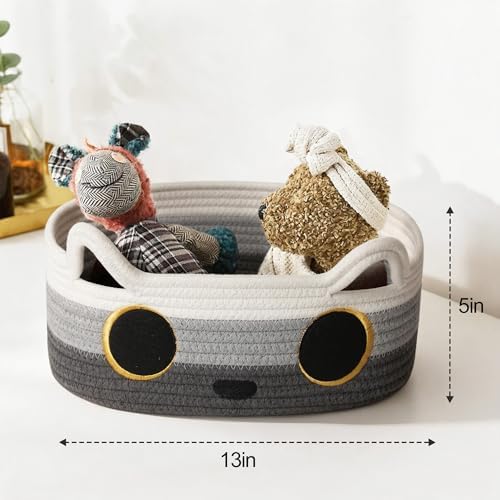 Cat Toy Basket, Small Woven Cat Toy Storage Box with Cute Ear Handle Indoor, Cotton Rope Storage Bin with Embroidered Face for Home Decor, Pet Bed, Nursery Kids Room Organization, 3-tone Gray - Image 4