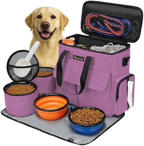 Modoker Weekend Dog Travel Bag Set with 2 Food Bags, 2 Bowls and Mat,Pink by Modoker