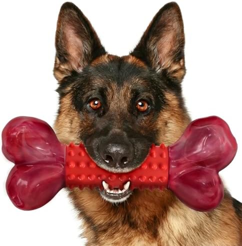 Tough Dog Toys for Aggressive Chewers: Beef Flavored Long Lasting Dog Bones for Large Dogs, Indestructible Dog Chew Toys to Keep Them Busy, Large Dog Toys for Medium & Large Breed, Red by Apasiri