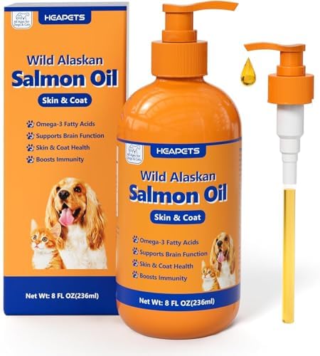 Wild Alaskan Salmon Oil for Dogs & Cats, Fish Oil Omega 3 Supplements with EPA & DHA for Skin & Coat, Immune, Brain, Joint and Heart Health, Dog & Cat Fish Oil Supplements with Pump- 8 oz by Heapets