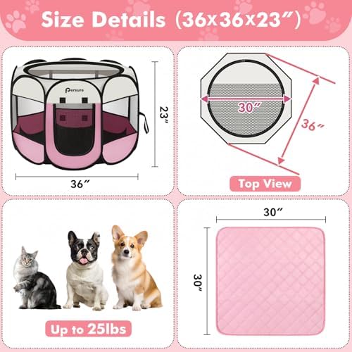 Persure Dog Cat Playpen Tent Crate Cage with Washable Pee Pad(Pink,Medium) - Image 6
