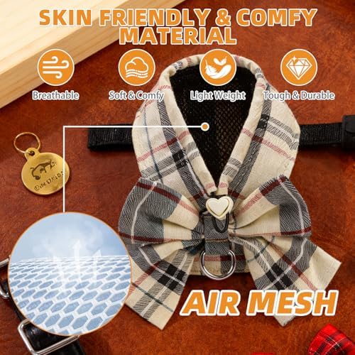 KOOLTAIL Small Dog Harness and Leash Set, Cute Puppy Vest Harnesses with Bowtie, Step in No Pull Soft Mesh Padded Adjustable Plaid Pet Harness for Extra-Samll Medium Dogs Cats, Boy Girl, XS-M, Beige S - Image 3