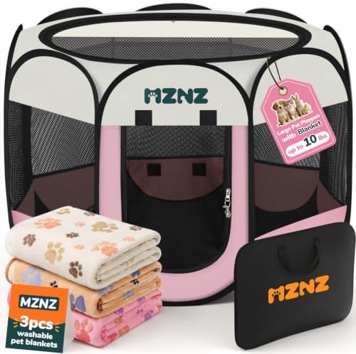Dog Cat Small Animal Puppy Playpen Crate with 3 Blankets, Small, Pink by MZNZ