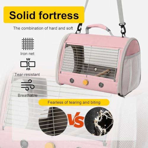 Small Bird Travel Carrier, Wire Grid Window Bird Bag to Carry Cockatiel Parakeet Budgies with Standing Perch (Pink, Cylinder Design - Steel Window) - Image 5
