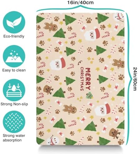 Christmas Dog Food & Water Mat, Paw Prints Santa Claus Snowman Xmas Pet Feeding Mat for Floor Non-Slip Waterproof, Super Absorbent Cat Bowl Mat, Easy to Clean Pet Placemat,16" × 24" - Image 3