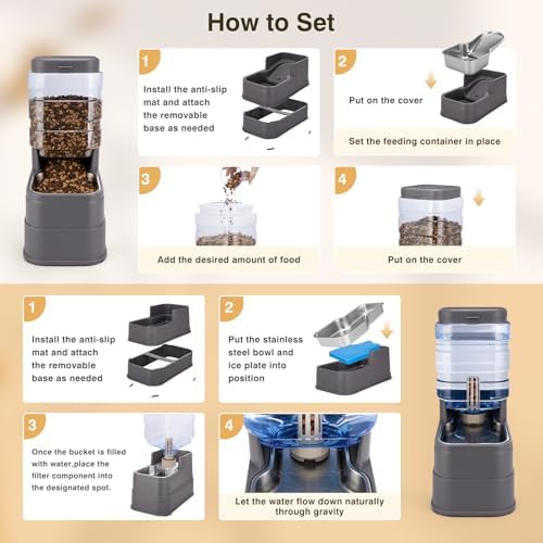Pawzone 2 Pack Automatic Cat Feeder and Water Dispenser 1.3 Gallon Dog Gravity Food Feeder and Water with Ice Pack Stainless Steel Dry Food and Water Bowl for Small Medium Large Pets (Grey) - Image 4