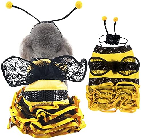 Bee Costume for Dogs - Bumblebee Dress with Cap - Funny Pet Halloween Outfit for Small, Medium & Large Dogs & Cats by Coppthinktu