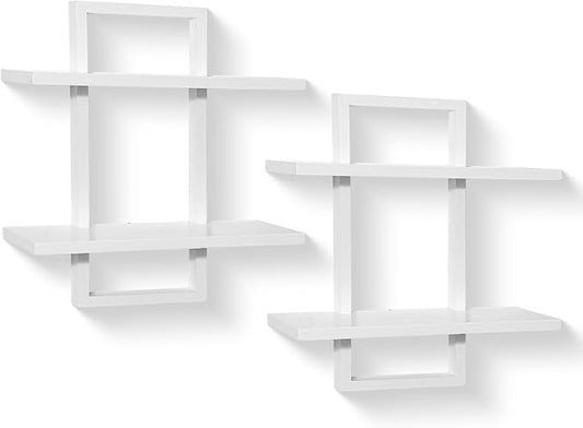 PHOENANCEE Floating Shelves for Wall,Display Hanging Shelf Set of 2,Modern Decorative Plants Shelves,Wood Home Decor Storage Chic for Living Room Bedroom Bathroom Office,Oak Frame,2-Tier,White by PHOENANCEE