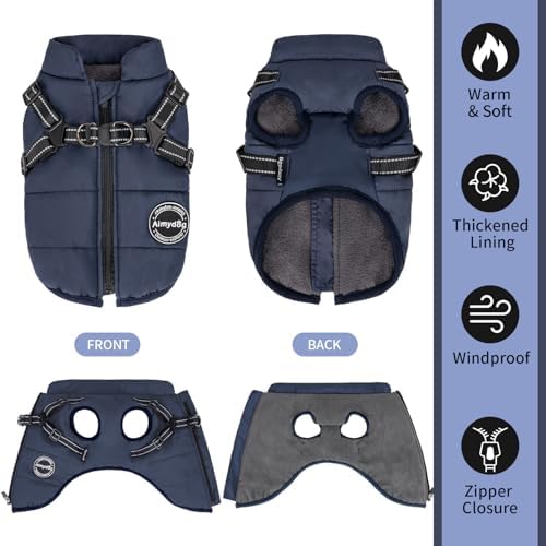 Warm Dog Winter Coat, Dog Cold Weather Jacket with Built-in Harness, Reflective & Adjustable Comfortable Pet Vest, Windproof Apparel for Small Medium Large Dogs (Navy) - Image 4