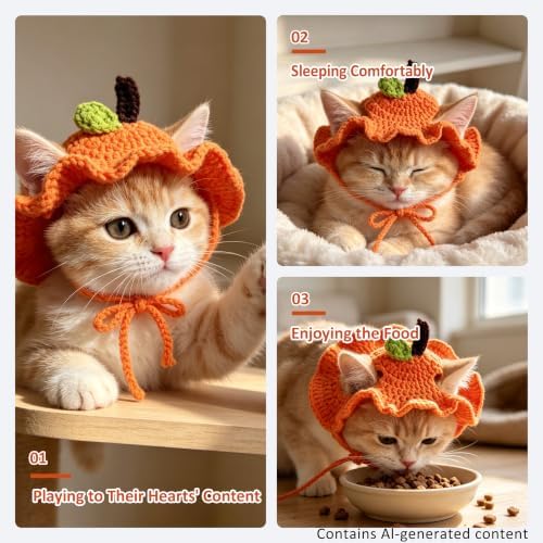 Orange Cat Hat, Cotton & Soft Cute Knitted Hats for Cats Birthday Party Spring Christmas Puppy Hat for Small Pets (Orange,M) - Image 4