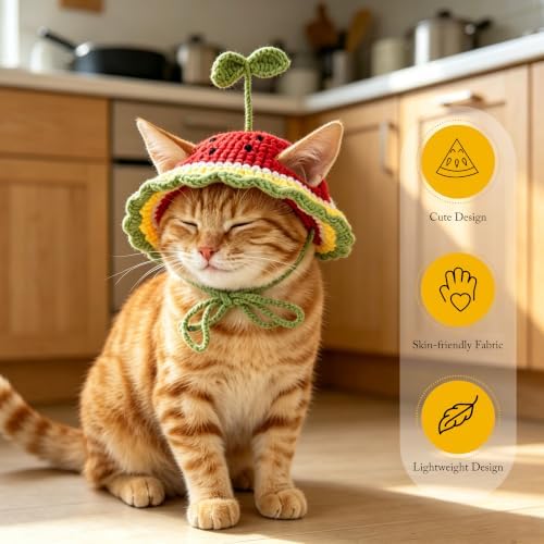 Watermelon Cat Hat, Cotton & Soft Cute Knitted Hats for Cats Birthday Party Christmas Puppy Hat for Small Pets (Green,M) - Image 5