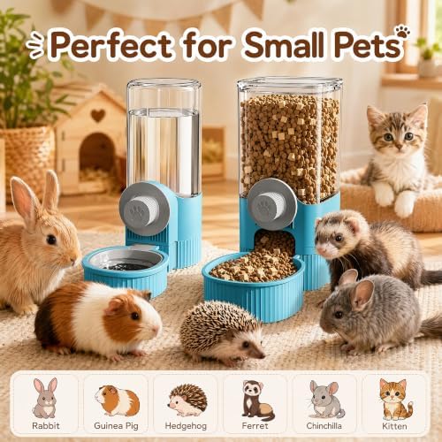 Automatic Rabbit Feeder and Water Dispenser Set,40oz Gravity Food Feeder&17oz Leak-Proof Water Bottle for Guinea Pigs,Hamsters,Chinchillas,Ferrets, Small Animals,Cage Mount Feeding Station Blue - Image 4