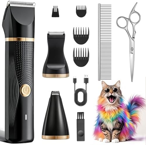 Cat Grooming Clippers Kit with Paw Trimmer, 3 in 1 Electric Pet Hair Trimmer Supplies for Thick Matted Hair, Heavy Coat Butt Shaver Cat Razor Fur Trimmer for Dogs at Home (Black) by Bautrium