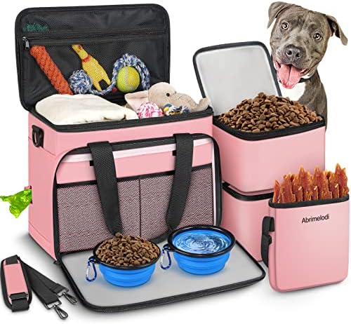 6 Set Dog Travel Bag, Large Pet Travel Kit for Supplies, Pink by Abrimelodi