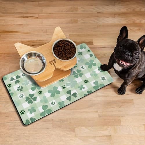 St Patricks Day Dog Food & Water Mat, Green Shamrocks Paw Prints Clover Pet Feeding Mat for Floor Non-Slip Waterproof, Super Absorbent Cat Bowl Mat, Easy to Clean Pet Placemat,12" × 20" - Image 2