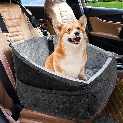 NEEZUKAR Dog Car Seat for Small Dogs,Detachable Washable Dog Booster Seat Under 30lbs, Pet Car Seat Travel Bed with Storage Pockets and Dog Safety Belt (Black/Grey) by NEEZUKAR