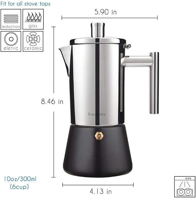 Easyworkz Diego Stovetop Espresso Maker Stainless Steel Italian Coffee Machine Maker 6Cup 10 oz Moka Pot Induction Espresso Pot - Image 3