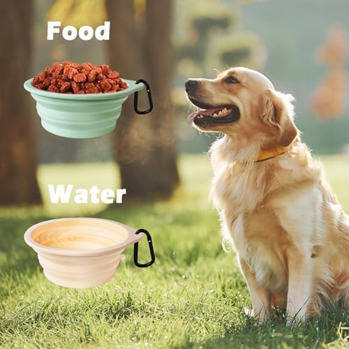 PetBonus 2-Pack Large Silicone Collapsible Dog Bowls, 34oz/1000ml BPA Free Portable Foldable Travel Bowl for Pet Cat, Food Water Feeding Dish for Camping with 2 Carabiners (Light Mint, Beige Cream) - Image 4