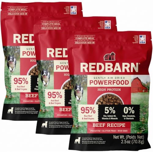 Redbarn Powerfood Air Dried Dog Food - 95% Beef & Beef Organs - High Protein Grain-Free Premium Dog Food or Topper Made in USA with Omega 3 Salmon Oil Flaxseed - 7.5 oz by Redbarn