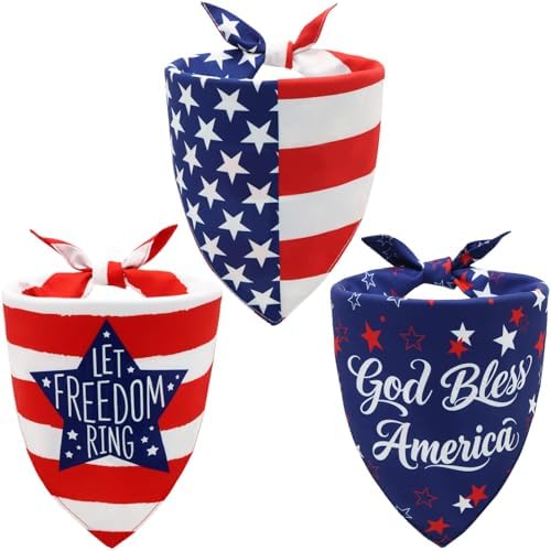 American Flag Dog Bandanas 3 Pack Small, 4th of July Patriotic Pet Scarf Bandana for Small Dogs Cats, Independence Day Memorial Day Red White Blue Holiday Costume Polyester by CozyHaus