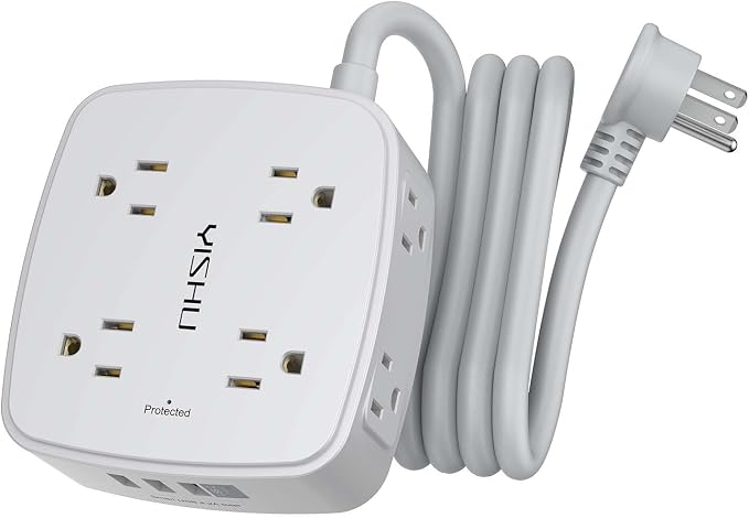 6 Ft Surge Protector Power Strip - 8 Widely Outlets with 4 USB Ports, 3 Side Outlet Extender with 6 Feet Extension Cord, Flat Plug, Wall Mount, Desk USB Charging Station, ETL, Grey by YISHU
