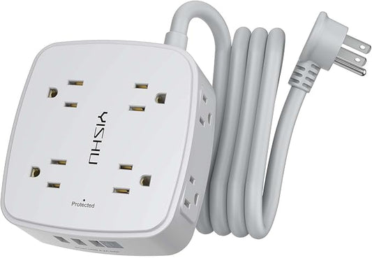 6 Ft Surge Protector Power Strip - 8 Widely Outlets with 4 USB Ports, 3 Side Outlet Extender with 6 Feet Extension Cord, Flat Plug, Wall Mount, Desk USB Charging Station, ETL, Grey by YISHU