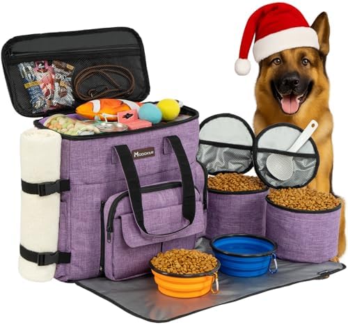 Modoker Dog Travel Organizer Carriers for Supplies & Accessories, Airline Approved Cat Pet Travel Bag, 2 Collapsible Bowls, 2 Travel Dog Food Container, Purple by Modoker