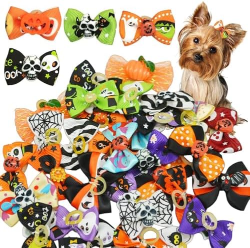 20Pcs/10 Pairs Puppy Yorkie Dog Hair Bow Halloween Ribbon with Rubber Band 40mm, Mix Colors Varies Patterns Pet Grooming Products (Halloween) - Image 2