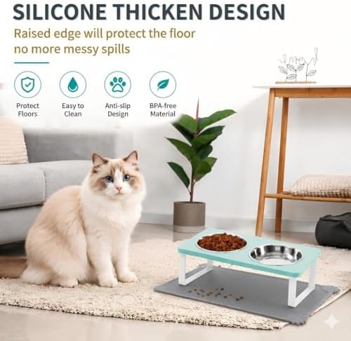 Summark Upgraded Elevated Cat Bowls with Food Mat,15°Tilted Stand Anti Vomiting Raised Cat Dishes for Food and Water,2 Stainless Steel Bowls for Cats and Puppy（Teal） - Image 4
