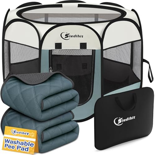 Siedihit Dog Cat Playpen Tent Crate Cage with 2 Washable Pads, Small Grey by Siedihit