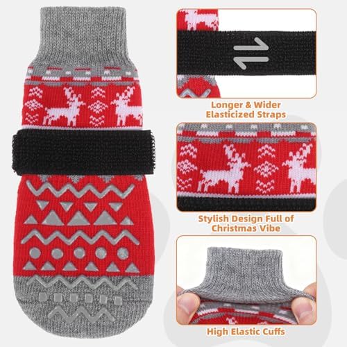 KOOLTAIL Dog Socks to Prevent Licking Paws, Dog Christmas Outfit Shoes for Winter Snow Pavement, Warm Fleece Pet Boots & Paw Protector for Hardwood Floors Anti Slip, Small Medium Large Size, Red M - Image 4