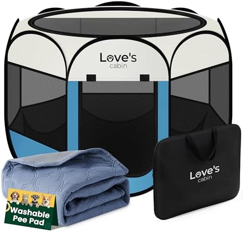 Love's cabin Dog Playpen with Washable Pee Pad, Puppy Pet Cat Playpen Small Dogs Tent Crate Indoor/Outdoor, Portable Pop Up Kennel with Carrying Case for Cats/Rabbits(Blue,Small with pad) by Lovescabin