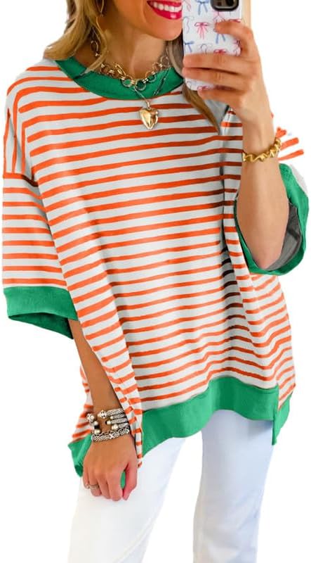 SHEWIN Womens Tops Casual Short Sleeve Sweatshirt Crewneck Striped Shirt Pullover T Shirts Loose Blouses by SHEWINBeYourFashionStylist