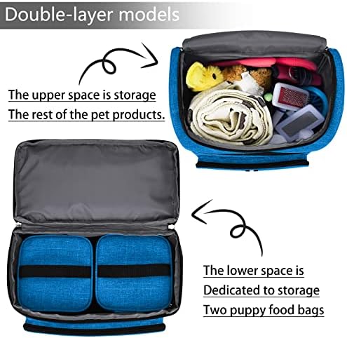 BAGLHER Pet Travel Bag, Double-Layer Pet Supplies Backpack (for All Pet Travel Supplies), Pet Travel Backpack with 2 Silicone Collapsible Bowls and 2 Food Baskets Blue - Image 6