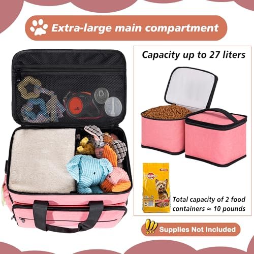 5 Set Dog Travel Bag for Supplies, Dog Lovers, Large Pet Travel Kit Includes 2 Food Containers, 2 Collapsible Bowls, Pink - Image 5