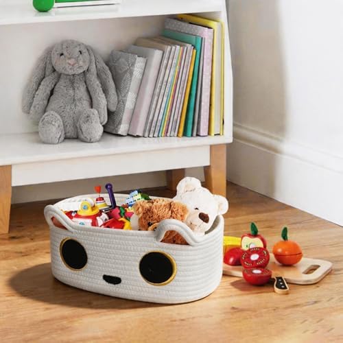 White Cat Toy Basket, Small Woven Cat Toy Storage Box with Cute Ears Handle Indoor, Cotton Rope Storage Bin with Embroidered Face for Home Decor, Pet Bed, Baby Nursery Kids Room Organization - Image 5