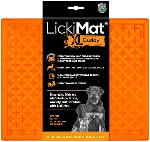 LickiMat X Large Breed Buddy Dog Lick Mat, Dog Calmer, Slow Feeder, Anxiety Reliever Alternative to Puzzle Toys, Slow Feeding Bowls. Use Peanut Butter, Wet, Raw, Mixed Food, Healthy Treats - Orange by LICKIMAT