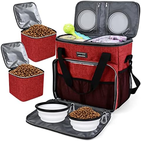 BAGLHER Dog Travel Bag, Pet Travel Bag (ALL Pet Travel Supplies), With 2 Pet Food Containers and 2 Collapsible Silicone Bowls; Essential Kits for Travel Red by BAGLHER