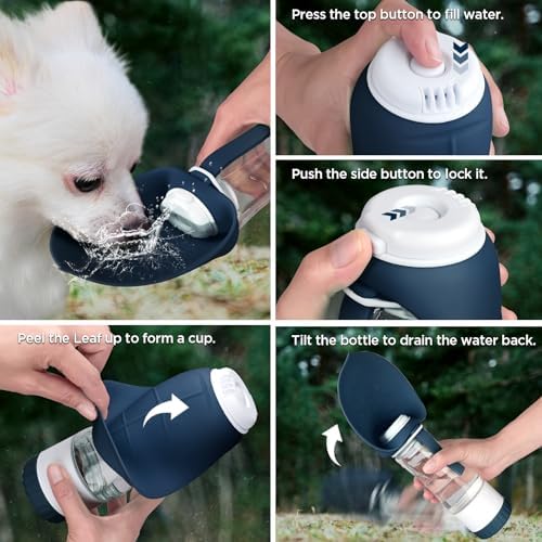 Uppetly Dog Water Bottle, Pet Water Bottle with Food Container and Drinking Feeder, Leak Proof, BPA-Free, Portable Foldable Puppy Water Cup Dispenser for Outdoor Walking, Travel, Small Dark Blue - Image 4