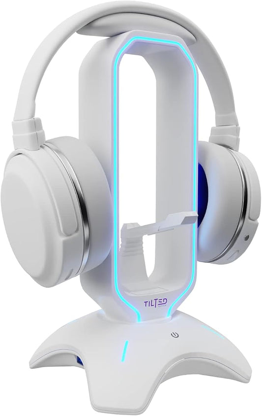 Tilted Nation Gaming Headphone Stand | RGB Headset Stand White | Headset Holder for Desk with Mouse Bungee and USB Hub | The Ultimate Gaming Accessories for Gamers for PS5, Xbox, PC - White by TiltedNation