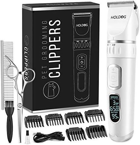 Dog Clippers Professional Heavy Duty Dog Grooming Clipper 3-Speed Low Noise High Power Rechargeable Cordless Pet Grooming Tools for Small & Large Dogs Cats Pets with Thick & Heavy Coats by HOLDOG