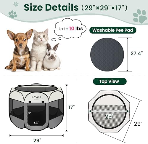 Love's cabin Dog Playpen with Washable Pee Pad, Puppy Pet Cat Playpen Small Dogs Tent Crate Indoor/Outdoor, Portable Pop Up Kennel with Carrying Case for Cats/Rabbits(Grey,Small with pad) - Image 3