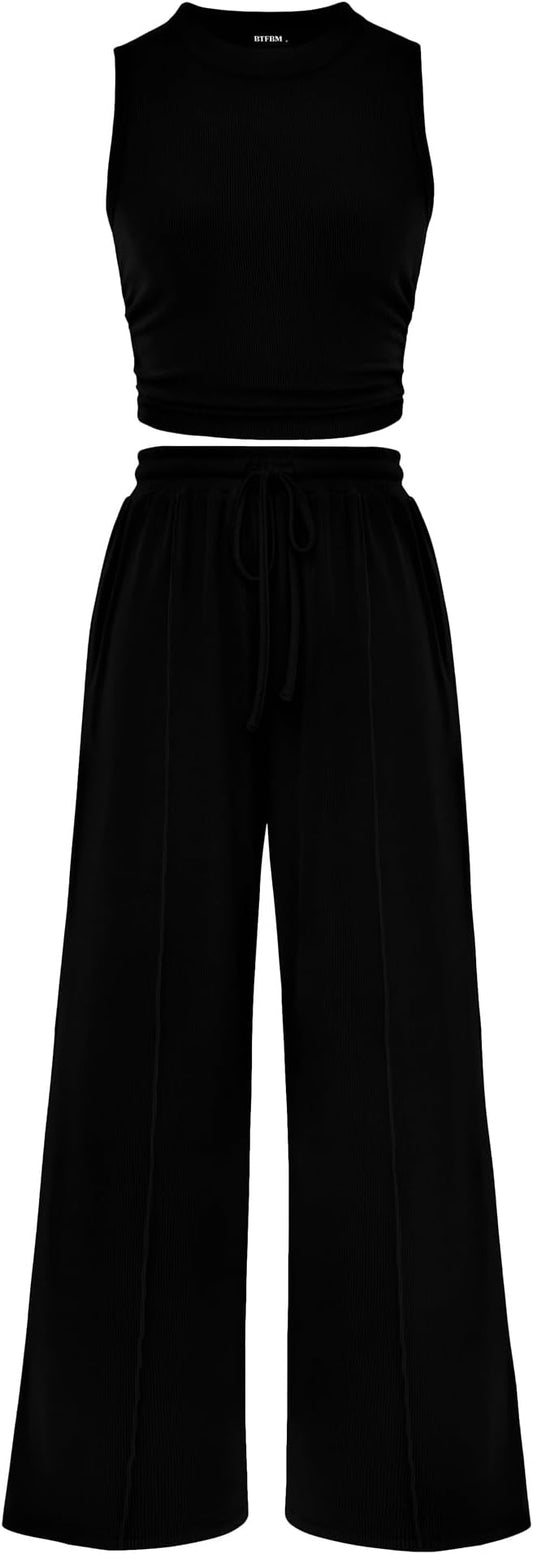 BTFBM Summer Outfits For Women 2026 Ribbed Sleeveless Tank Tops Wide Leg Pants 2 Piece Sets Lounge Set Clothing by BTFBM