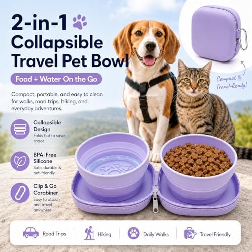 Portable Dog Bowl, Collapsible 2-in-1 Travel Dog Bowls with Carabiner Clip, Silicone Double Pet Food and Water Dish for Outdoor Camping and Hiking (Purple) - Image 2