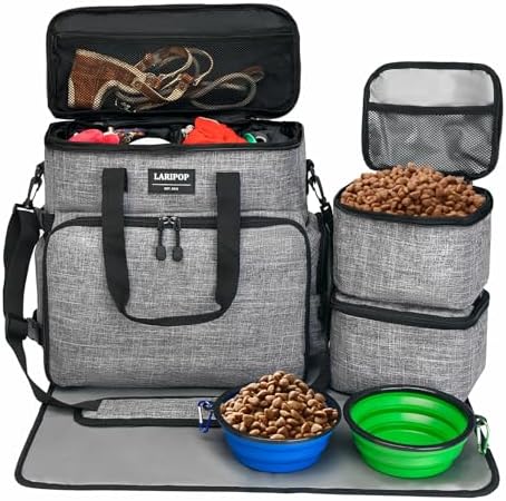 LARIPOP Dog Travel Bag Airline Friendly for Small Medium Large Dogs, Pet Travel Organizer with Collapsible Bowls Food Containers Mat, Waterproof Portable Tote for Dog Outdoor Travel by LARIPOP
