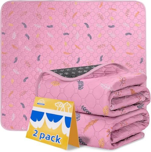Sunheir Washable Pee Pads for Dogs 2-Pack Reusable Puppy Pads Pet Training Pads, Waterproof Dog Pee Pads for Crate, Whelping Pad, Non-Slip Protects Against Urine Leakage (Leaves - Pink, 18x24) by SUNHEIR